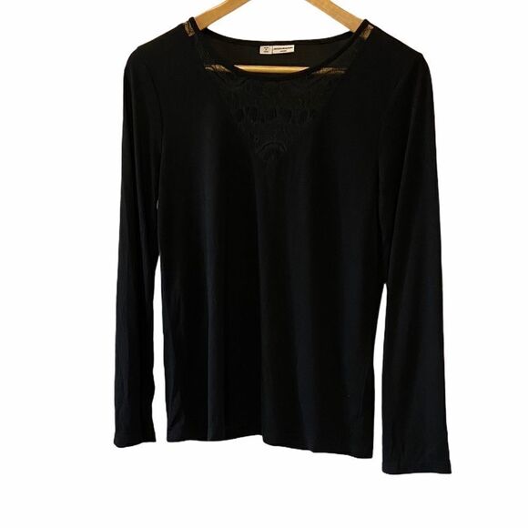 Black Long Sleeve Lightweight Lace Neckline Top M - Picture 1 of 8